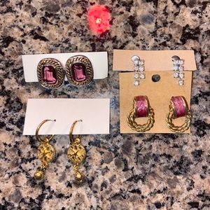 Vintage Lot 4 Pairs of Earrings- 1 Clip-On, 1 Gold Hoops, 1 Gold Dangly, 1 Gem